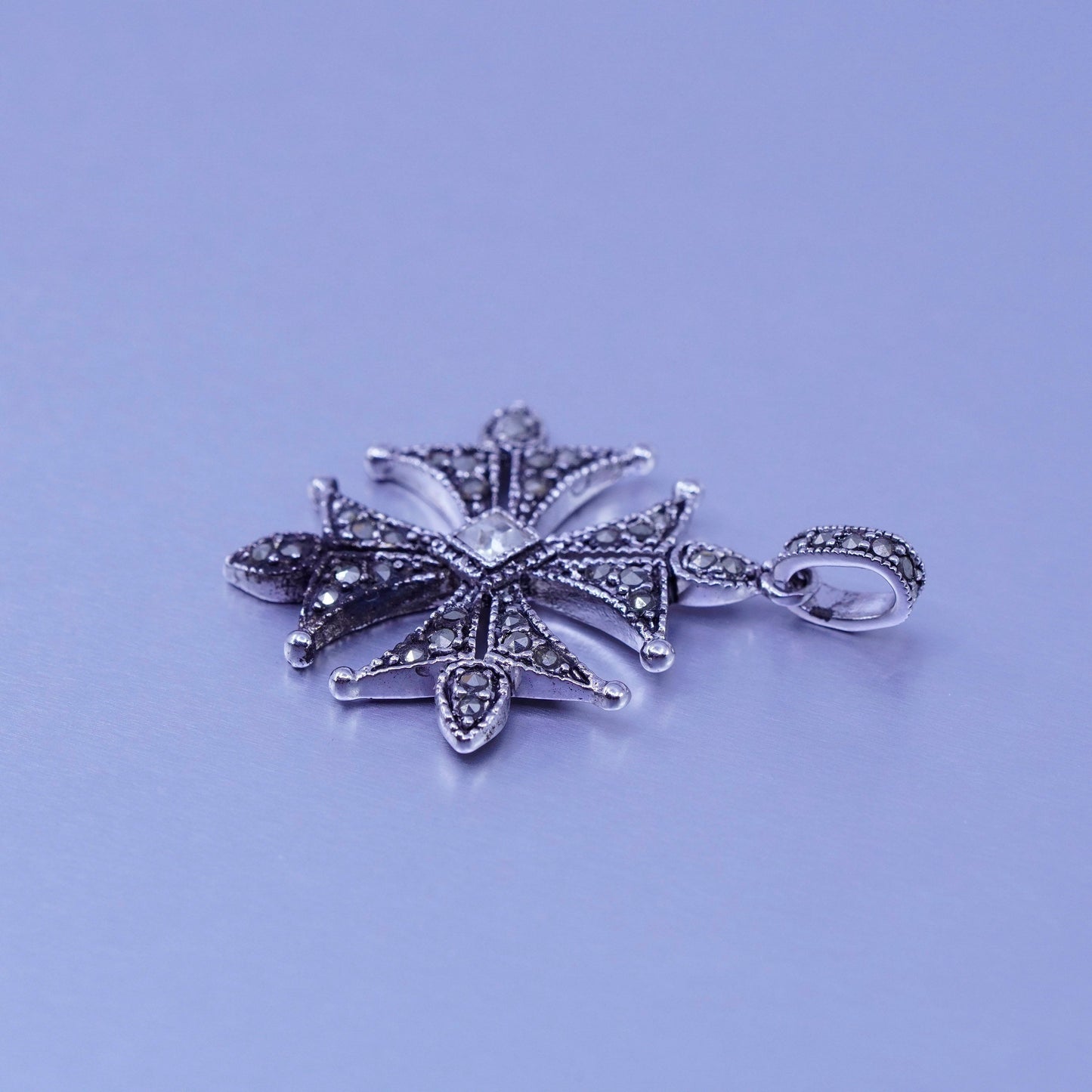 Antique silver tone cross pendant with Marcasite and cz