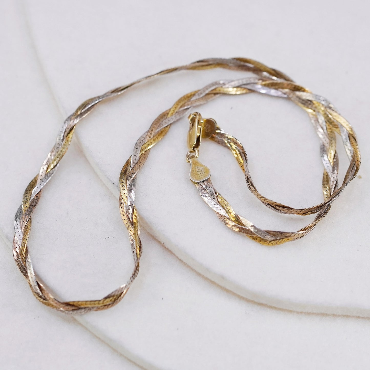 18” Italy vermeil gold Sterling 925 silver woven braided herringbone necklace