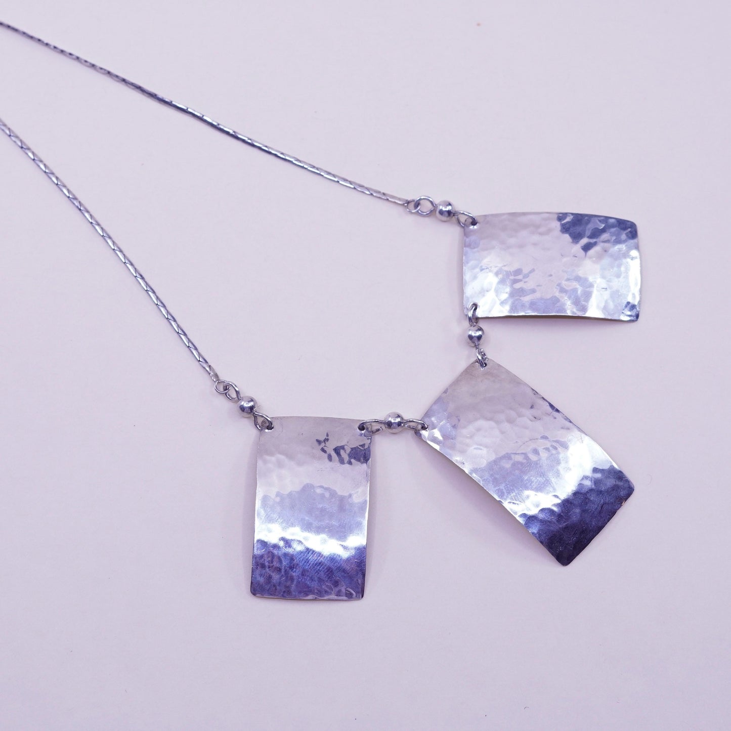 18”, Sterling silver necklace, 925 snake chain hammered rectangular pendant