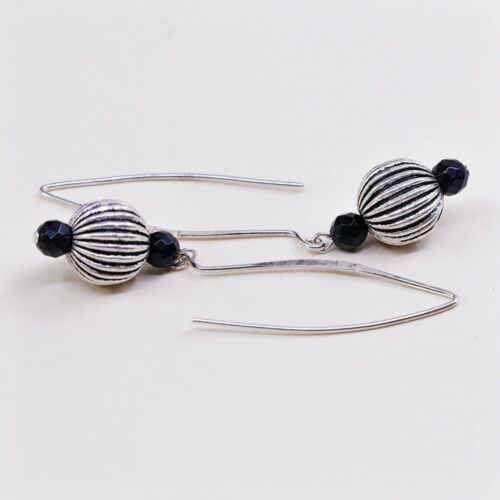 Vtg Mexico Sterling Silver Handmade Earrings, 925 Ribbed Bead W Dangles