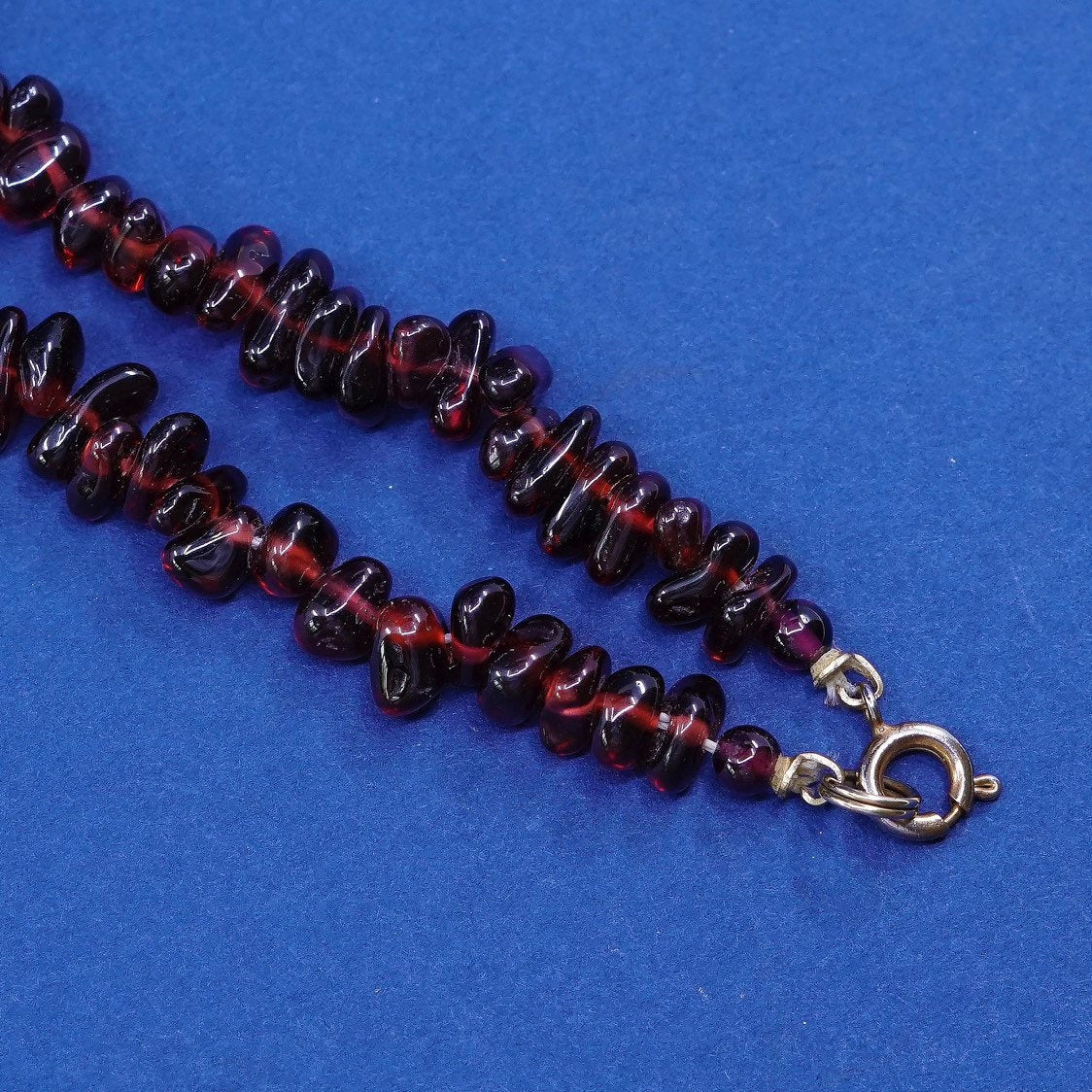 30”, vintage handmade garnet beads with brass clasp