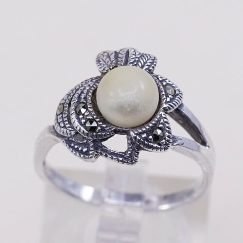Sz 7.25, Vtg Sterling Silver Handmade Ring, 925 Silver W/ Faux pearl N Marcasite