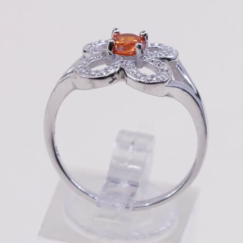 Size 9.5, Vintage Sterling 925 Silver Handmade Flower Ring W/ Yellow N Clear Cz
