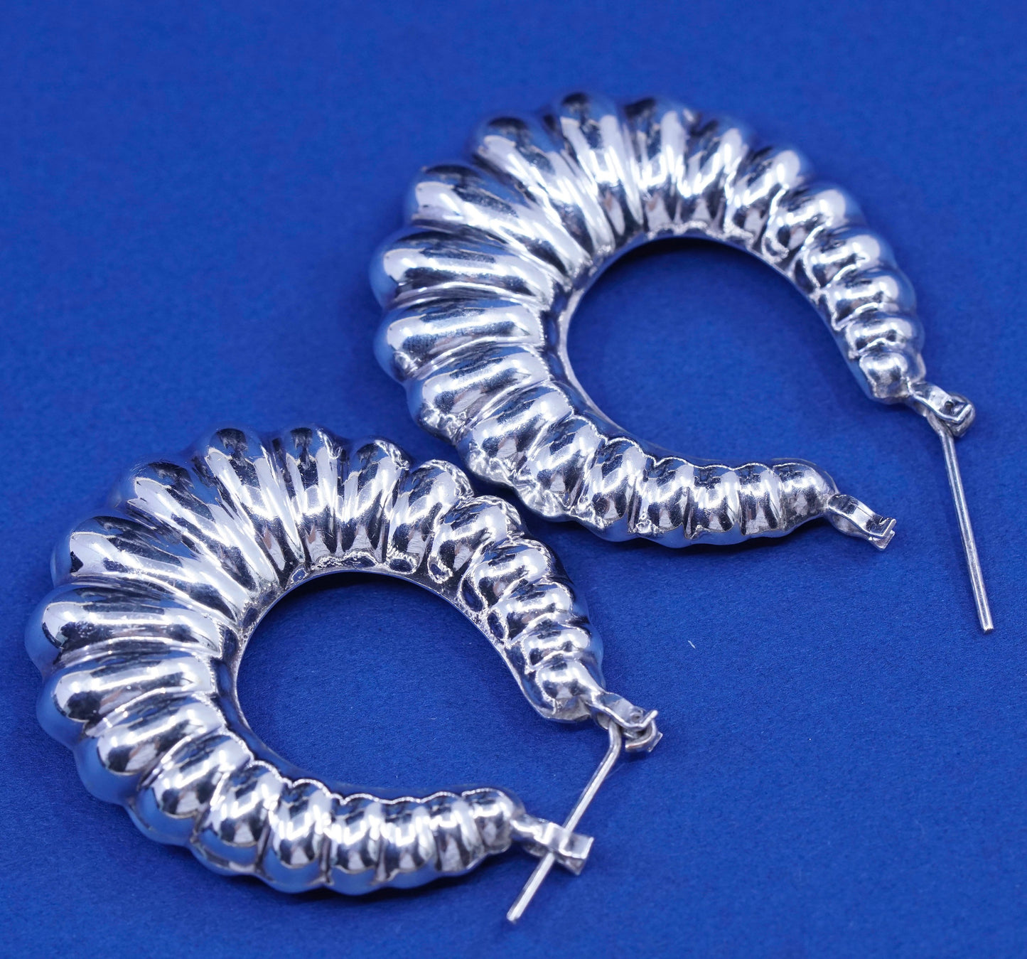 1.75”, vtg Sterling silver handmade earrings, 925 ribbed hoops Huggie