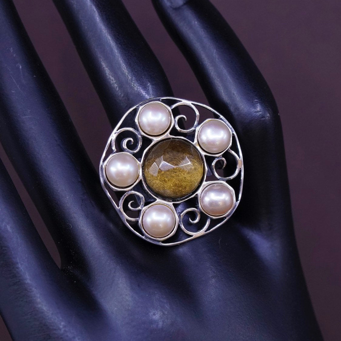 sz 9, JL Israel Sterling silver handmade ring, 925 flower w/ pear N smoky topaz