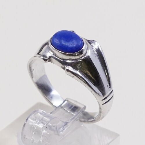 Sz 6.75, Vtg Sterling Silver Handmade Ring 925 Band W/ Blue Onyx inlay