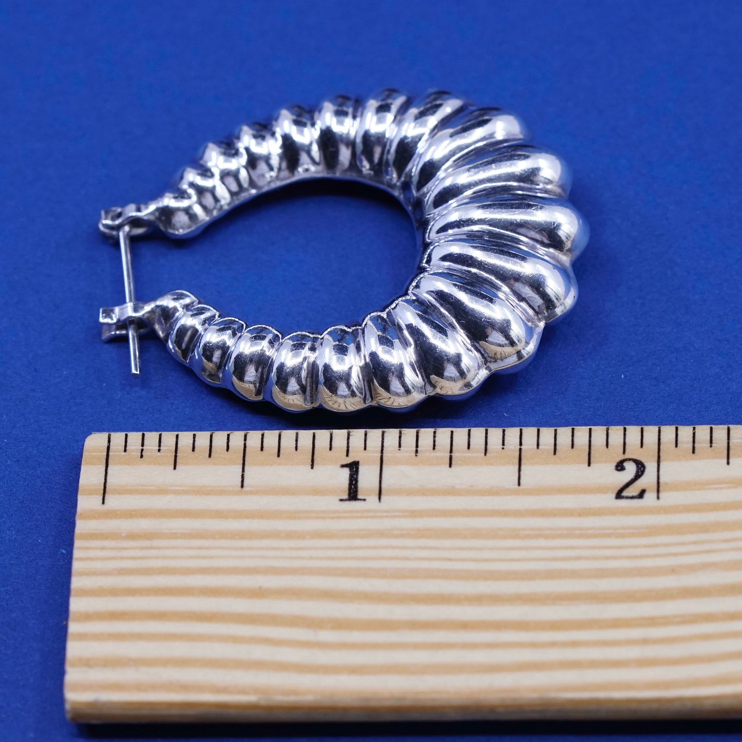 1.75”, vtg Sterling silver handmade earrings, 925 ribbed hoops Huggie