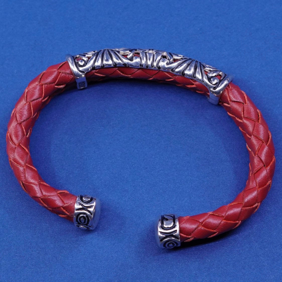 5.5", Sterling silver handmade bracelet, 925 cuff braided red leather wrapped