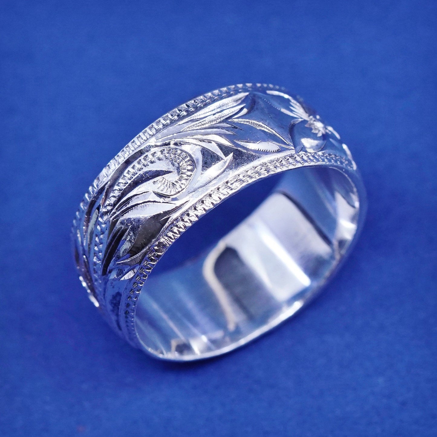 Size 9, vtg PCU Sterling silver handmade ring, 925 flower embossed band