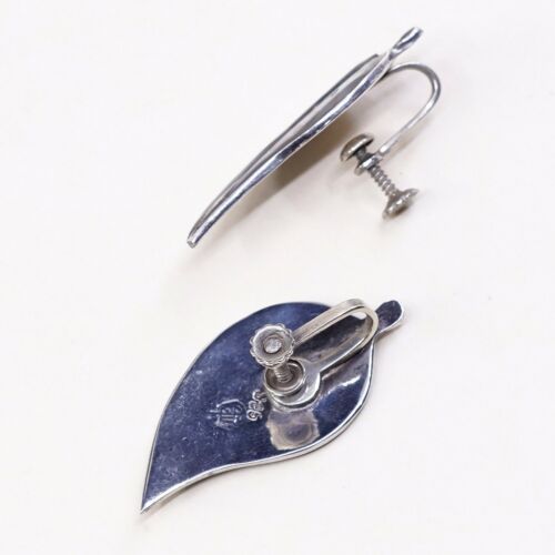 Vtg Sterling 925 Silver Handmade Screw Back Leaf Earrings With Abalone