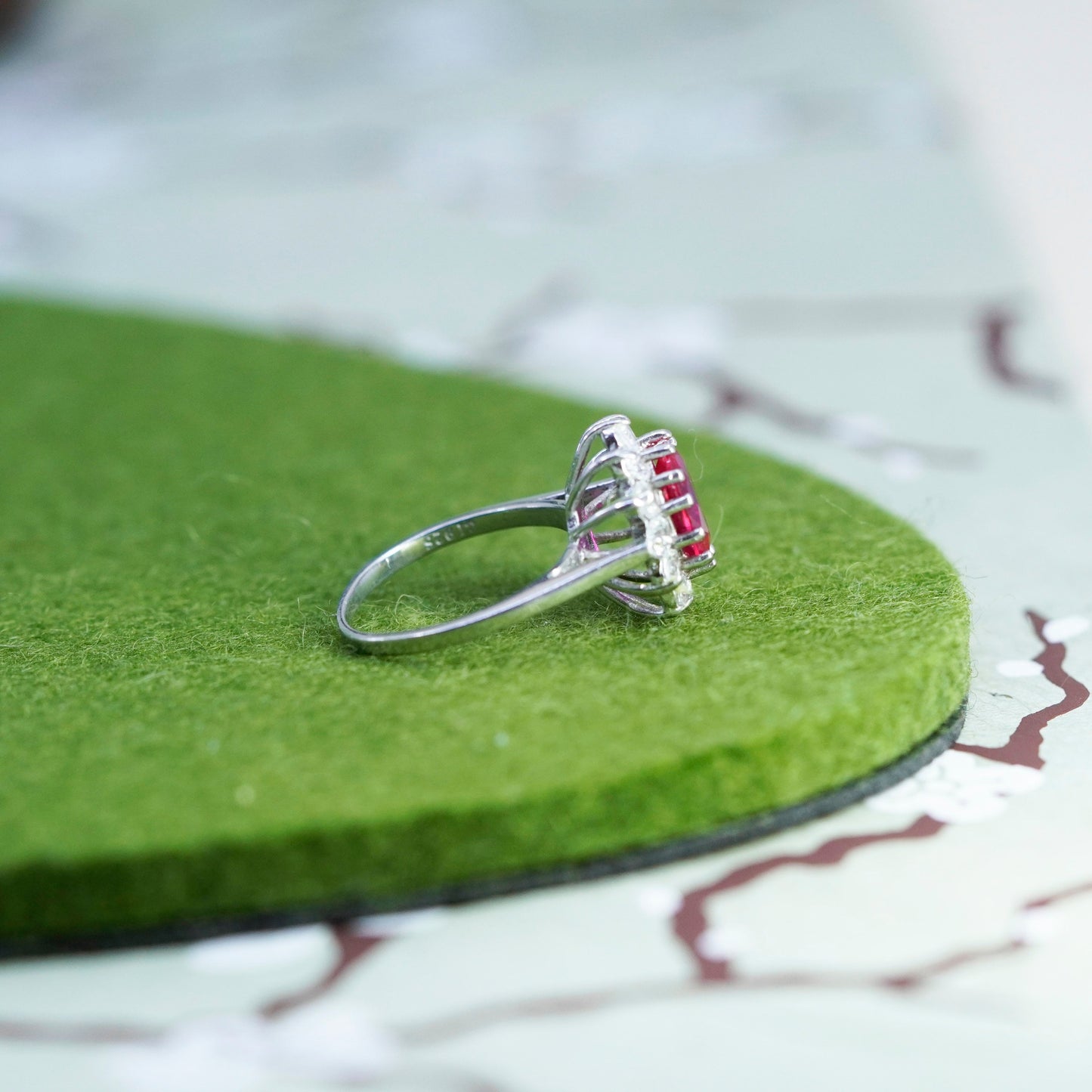 Size 7, Vintage sterling 925 silver ring with oval ruby and cz around