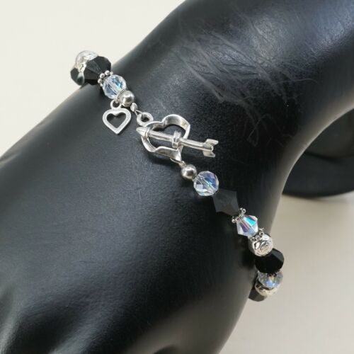 7.25”, Vtg Sterling Silver Handmade Bead Bracelet, 925 Heart Toggle W/ Crystal