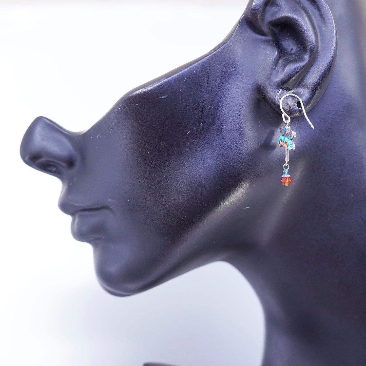 Vintage Sterling 925 silver handmade dragonfly earrings with dangles