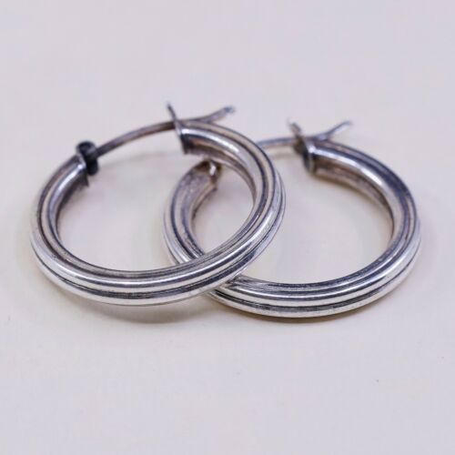 0.75”, Vtg Sterling Silver Handmade Hoops, 925 Ribbed elegant earrings, Huggie
