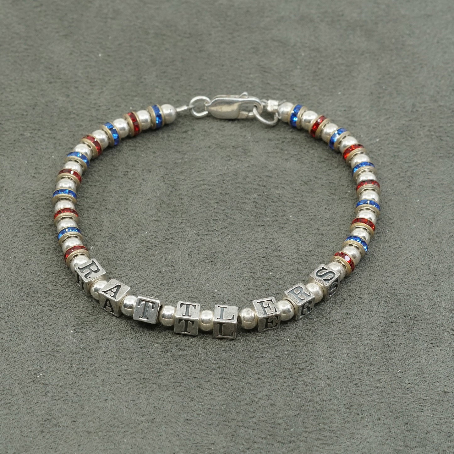 7", vtg Sterling 925 silver chain, ruby N crystal beads bracelet w/ rattlers