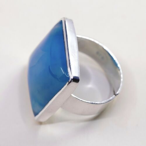 Sz 10, Vtg 925 sterling silver handmade Statement ring W/ Dendritic Blue agate