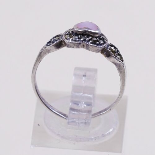 Sz 6.5, Sterling Silver handmade Ring, 925 Silver W/ Pink Mop Heart n marcasite