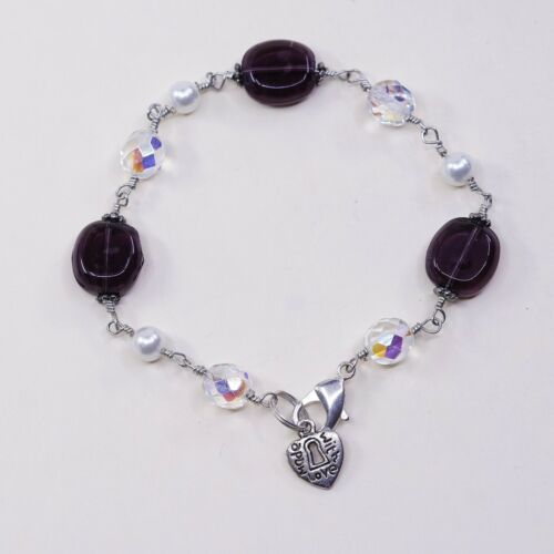 7.25”, Vtg Sterling Silver Handmade bracelet 925 Clasp W/ Pearl N Crystal