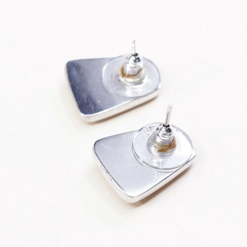 Vintage Sterling Silver Handmade Earrings, 925 Silver Studs W/ Green Glass