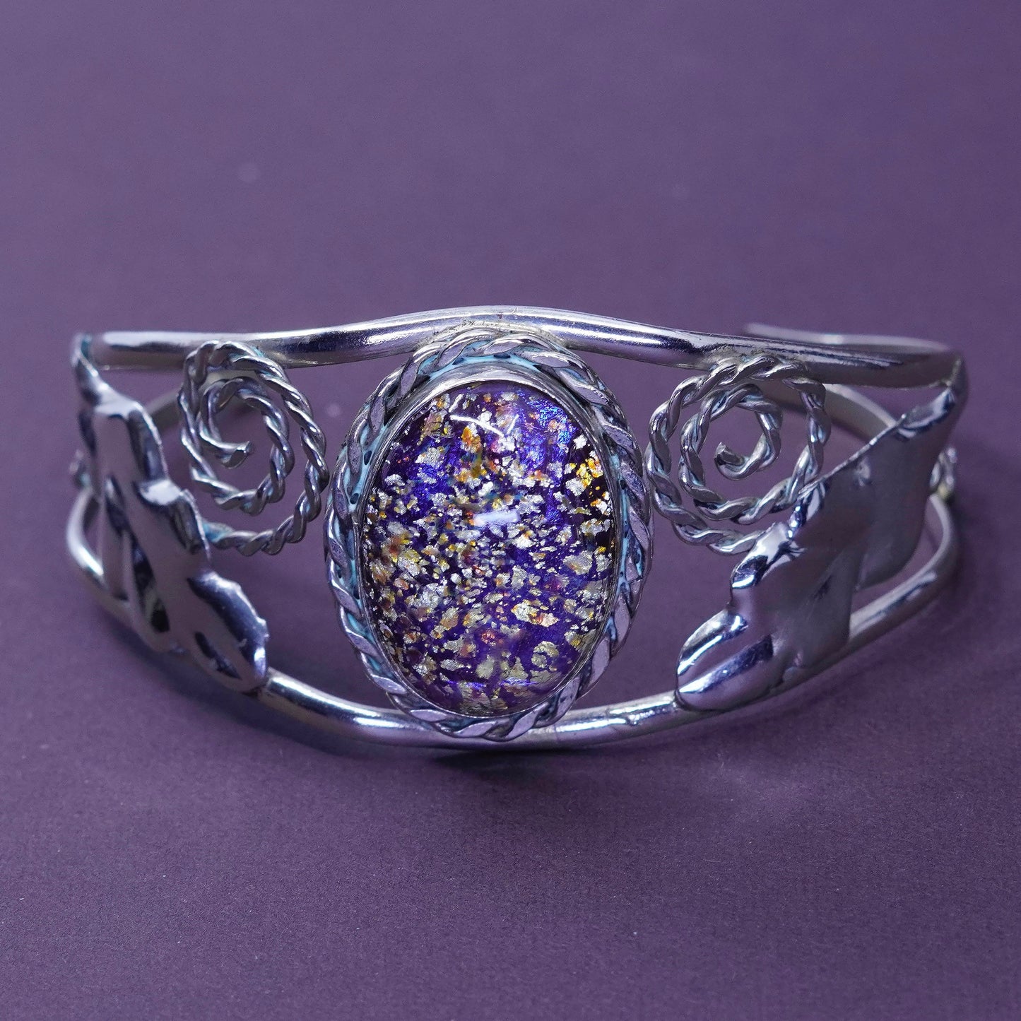 7”, Vintage Sterling silver handmade bracelet, 925 swirl cuff with golden glass