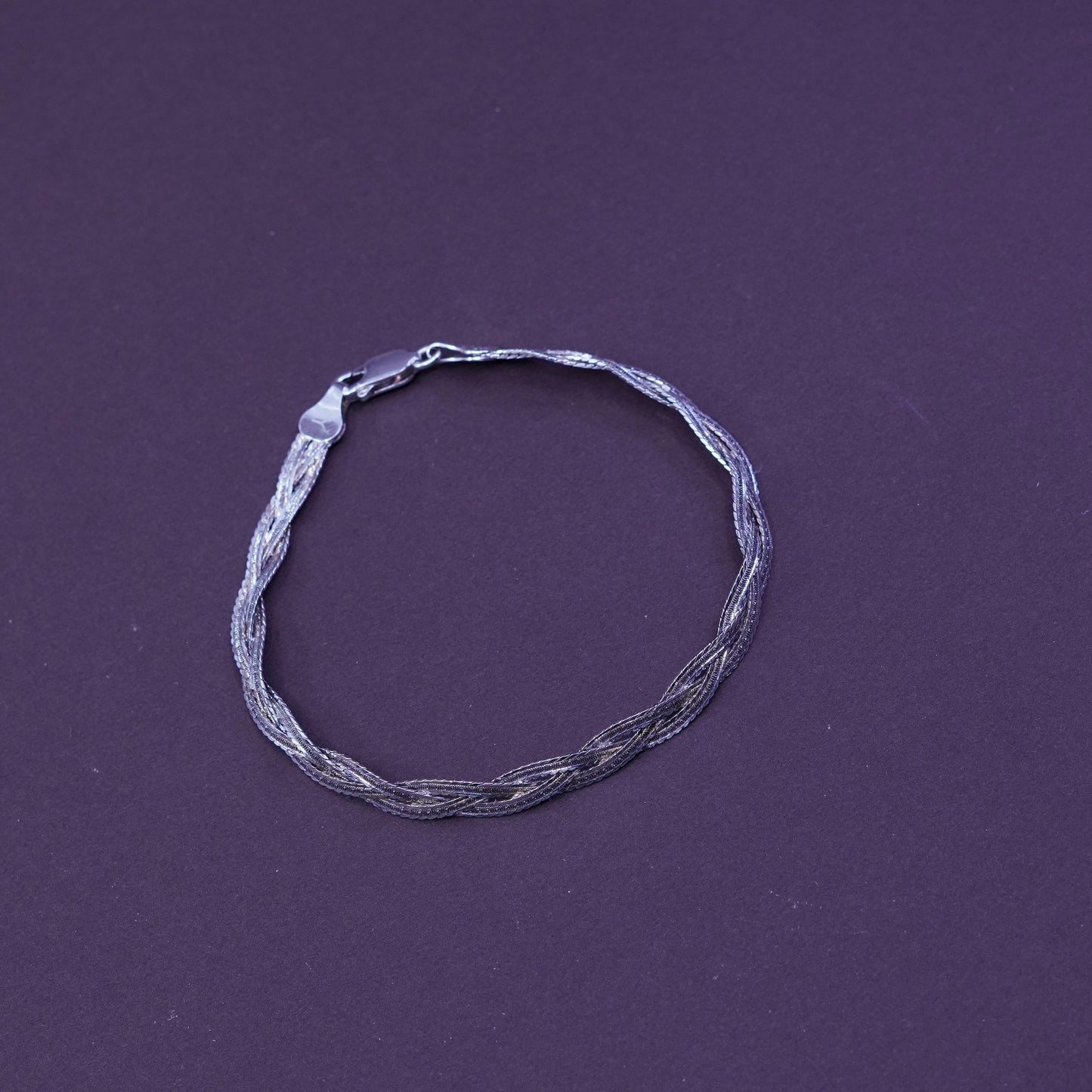 7.25”, Sterling silver braided woven herringbone chain, 3 strands 925 bracelet
