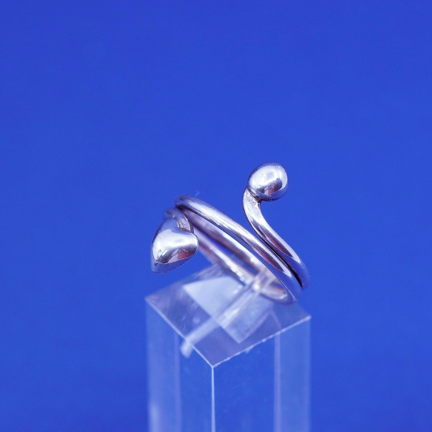 Size 9.25, vtg Sterling silver handmade wrap ring, 950 statement ring w/ heart