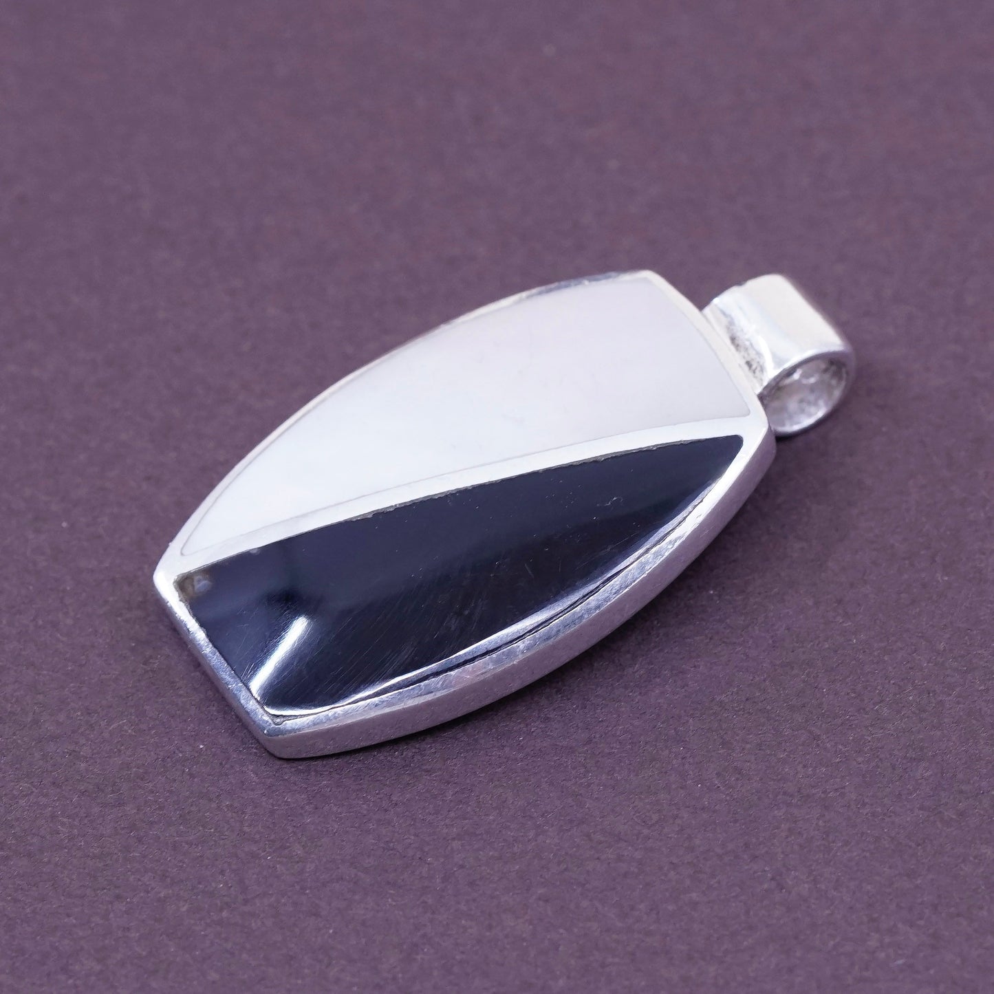 Vintage Sterling 925 silver pendant with obsidian and mother of pearl inlay