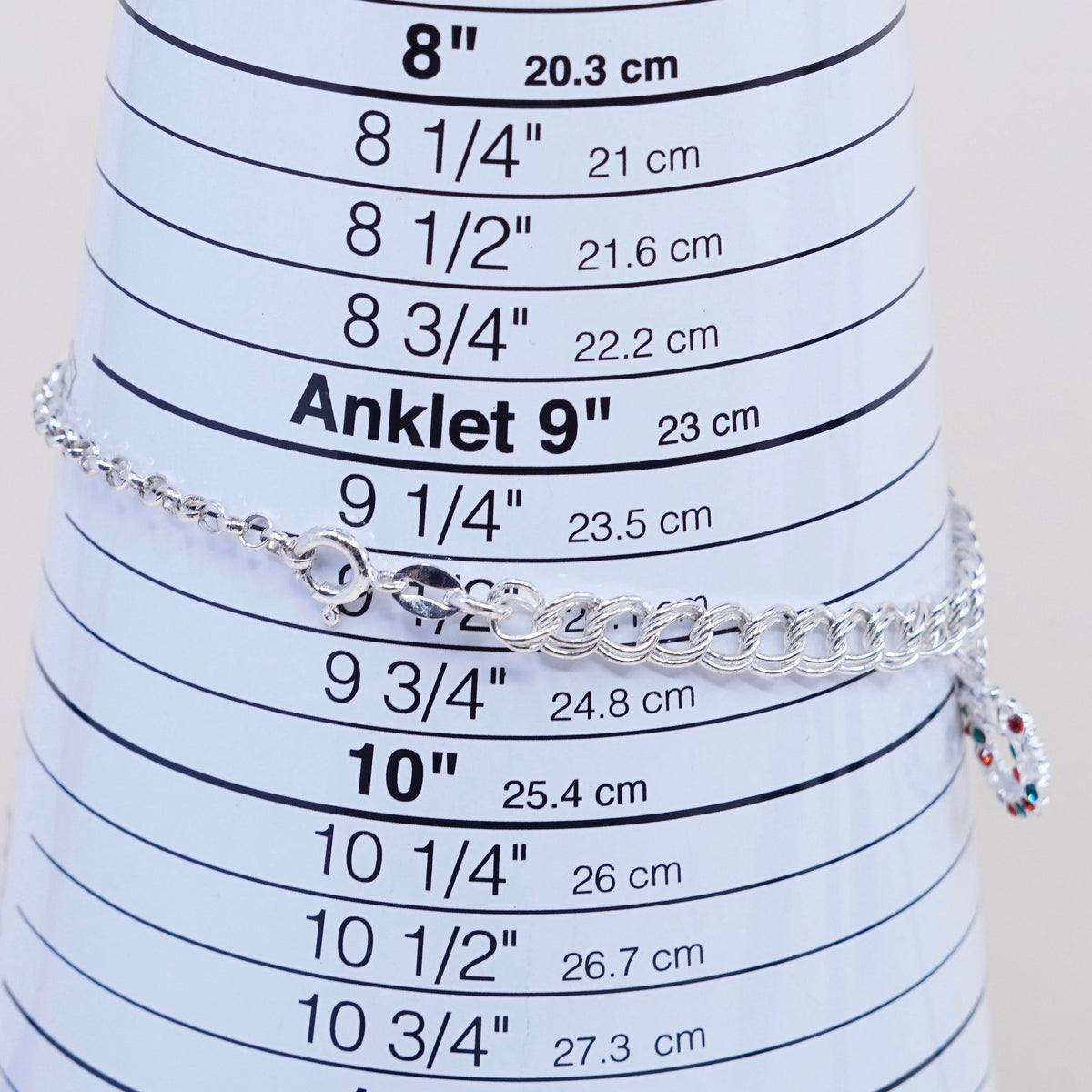 9.5”, sterling silver double curb bracelet anklet, italy 925 w/ wreath charm