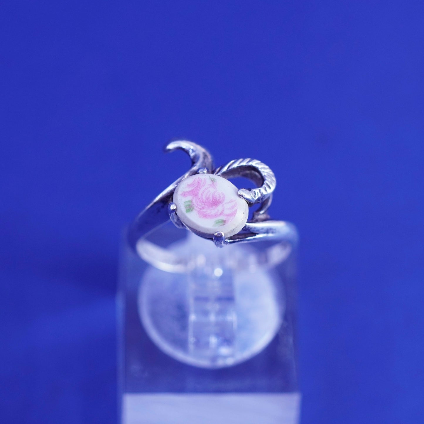 Size 5, vintage Sterling silver handmade ring, 925 band with flower ceramics