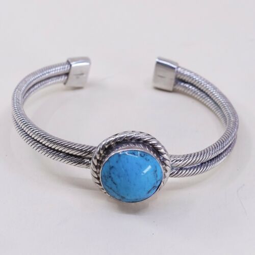 7” Vtg Mexico Handmade Round Turquoise Sterling 925 Silver Cuff Bracelet