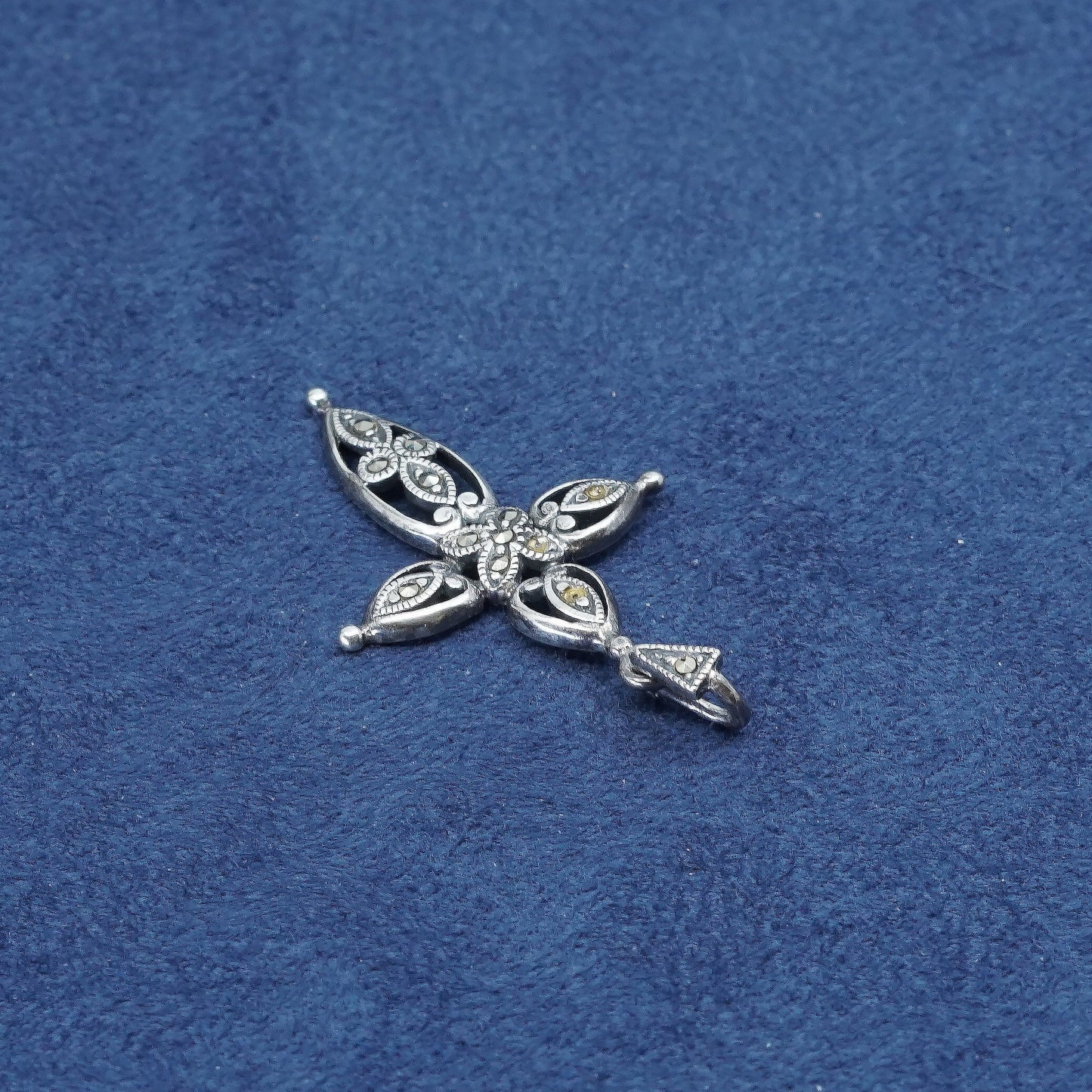 vtg Sterling silver handmade pendant, 925 w/ marcasite cross pendant