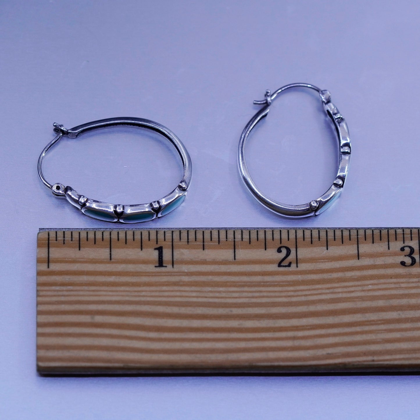1”, vintage Sterling silver handmade earrings, 925 huggie hoops with turquoise