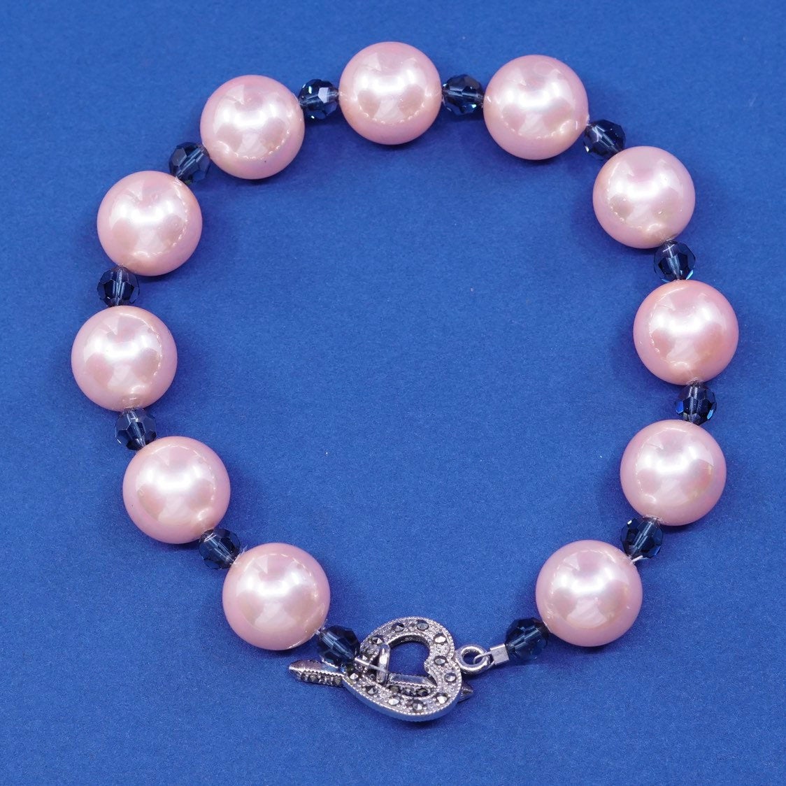 8.25", sterling silver handmade bracelet, pink pearl beads N 925 heart toggle