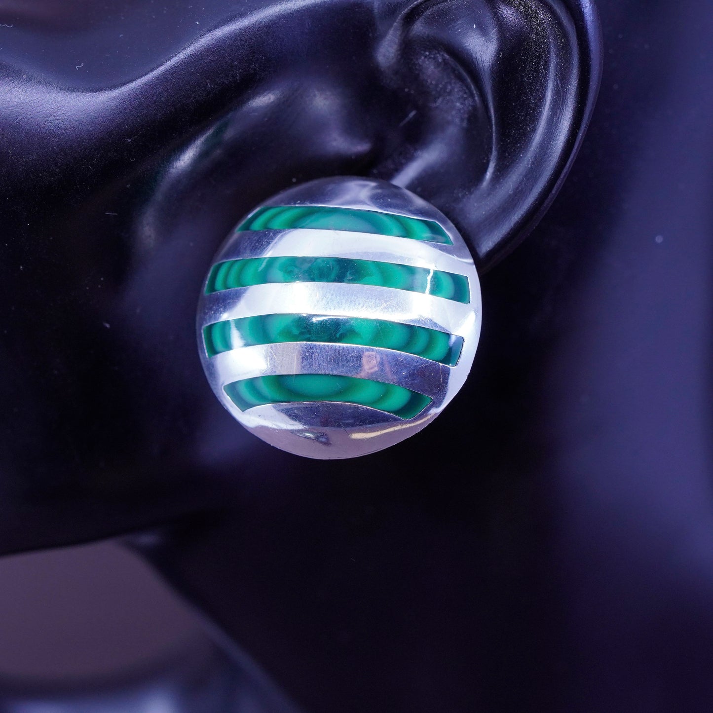 mexico Sterling silver earrings, studs, huge 925 round studs w/ green malachite