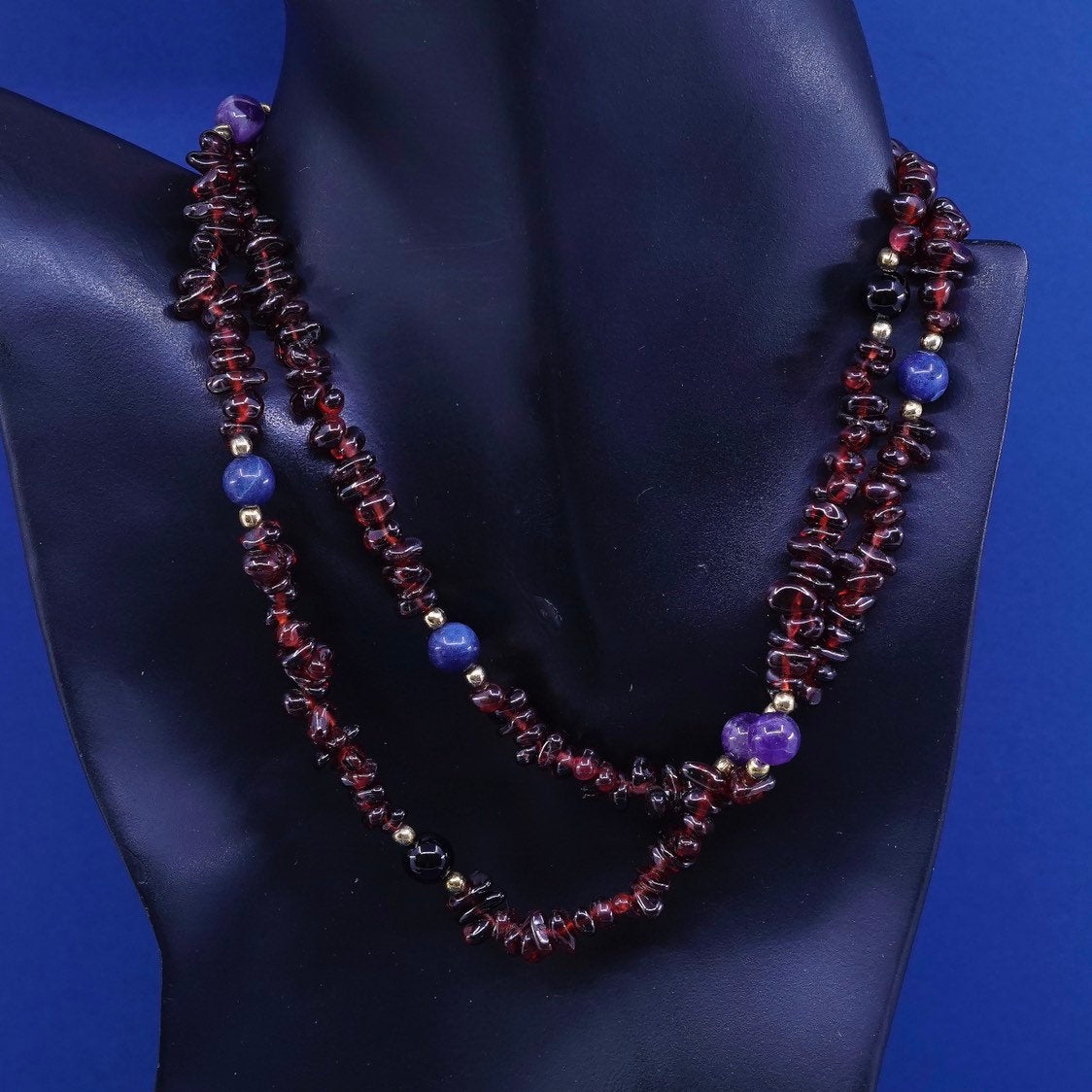 30”, vintage handmade garnet beads with brass clasp