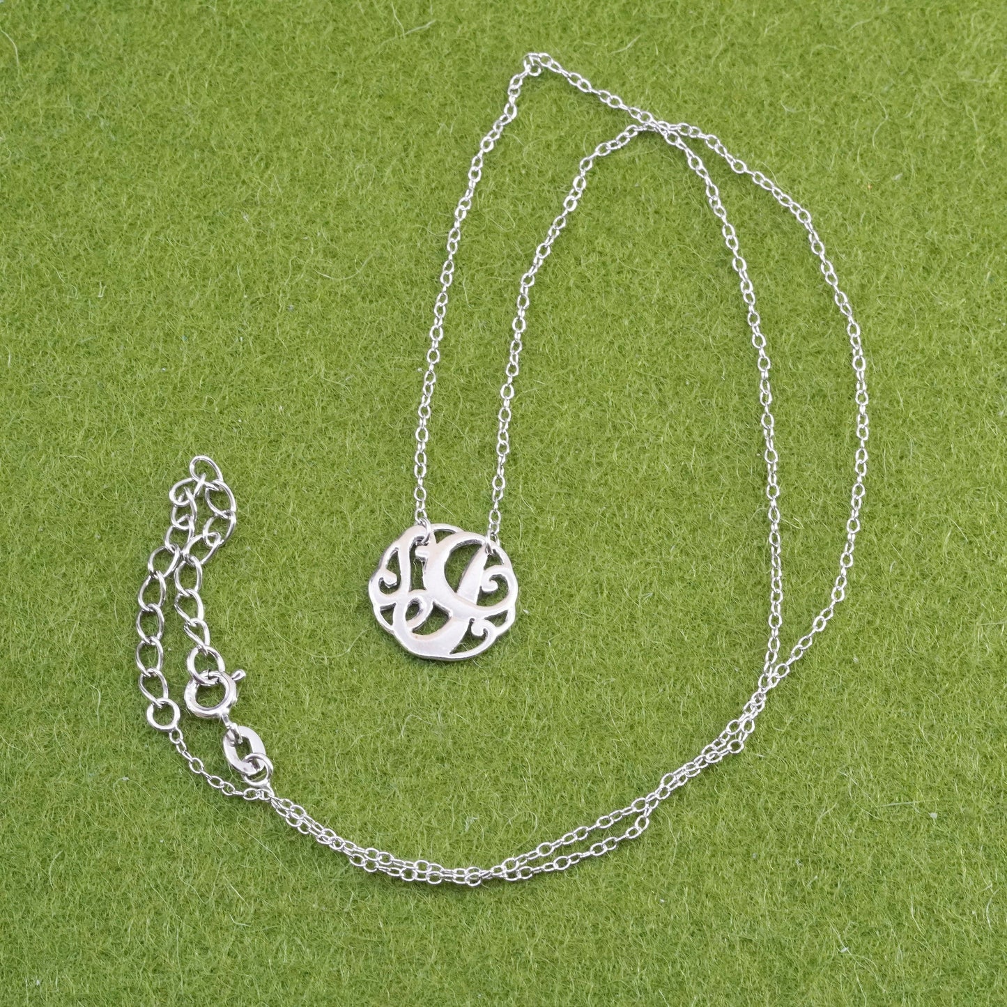 16+2” Sterling 925 silver handmade necklace, circle chain with swirly pendant