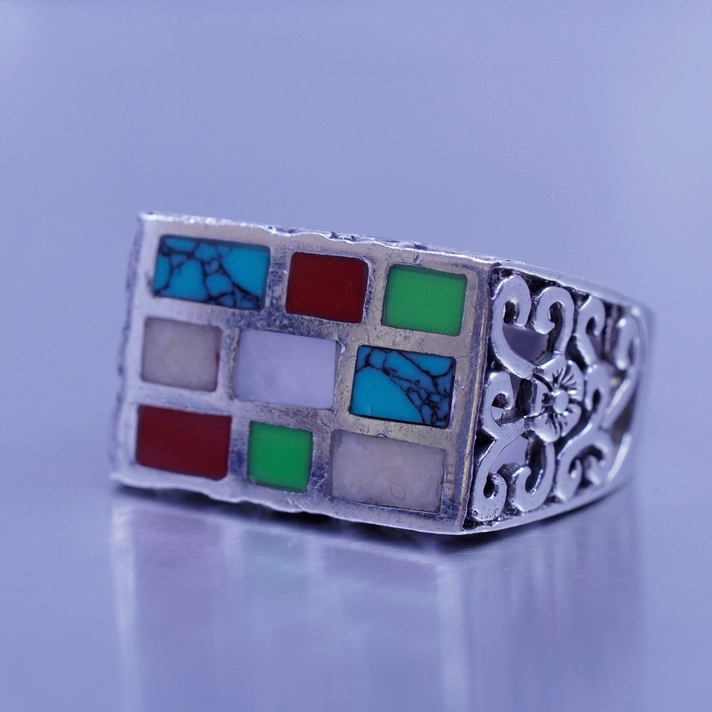 Size 9, vtg Sterling 925 silver handmade ring mother of pearl turquoise onyx