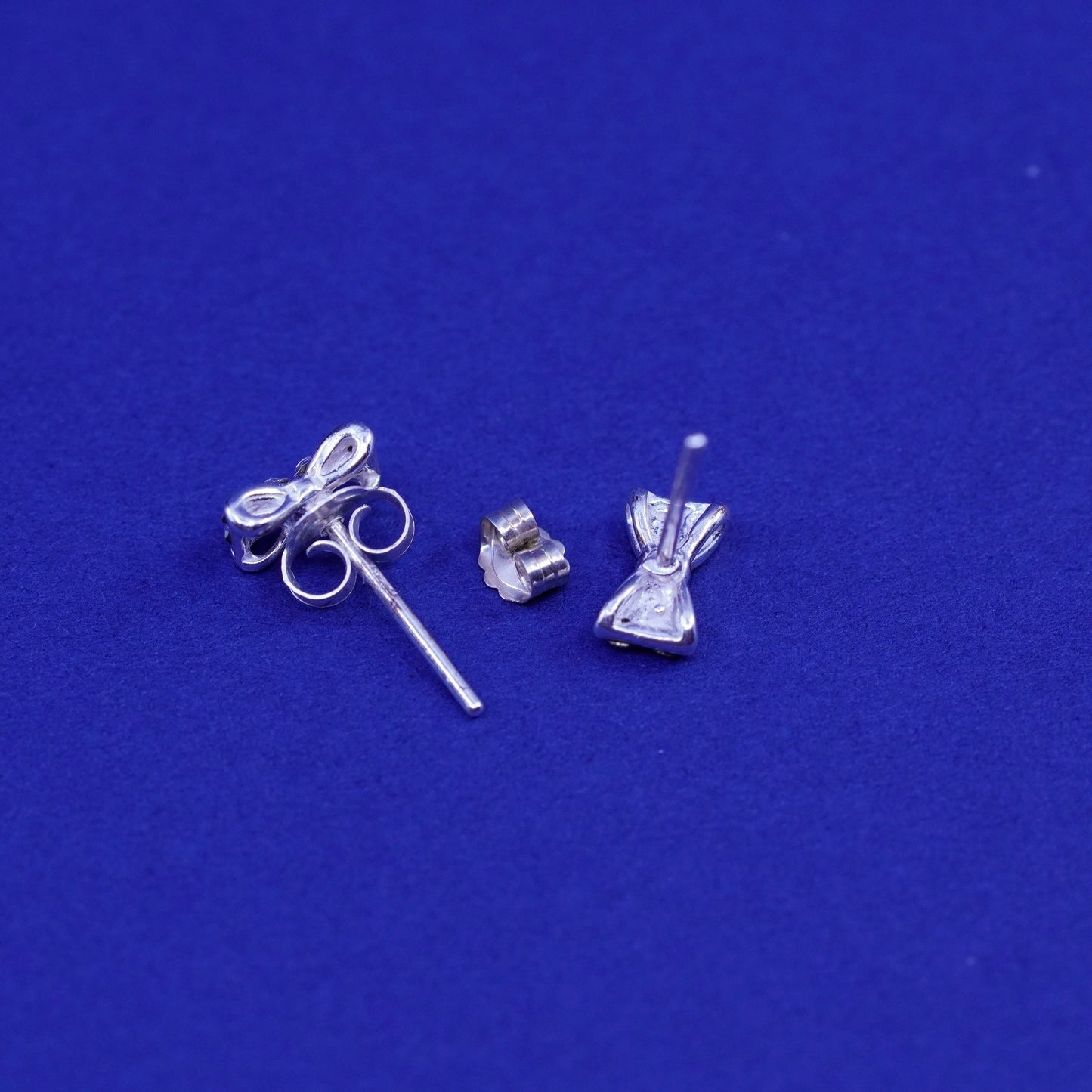 Vintage sterling silver handmade earrings, ribbon bow 925 studs with cluster CZ