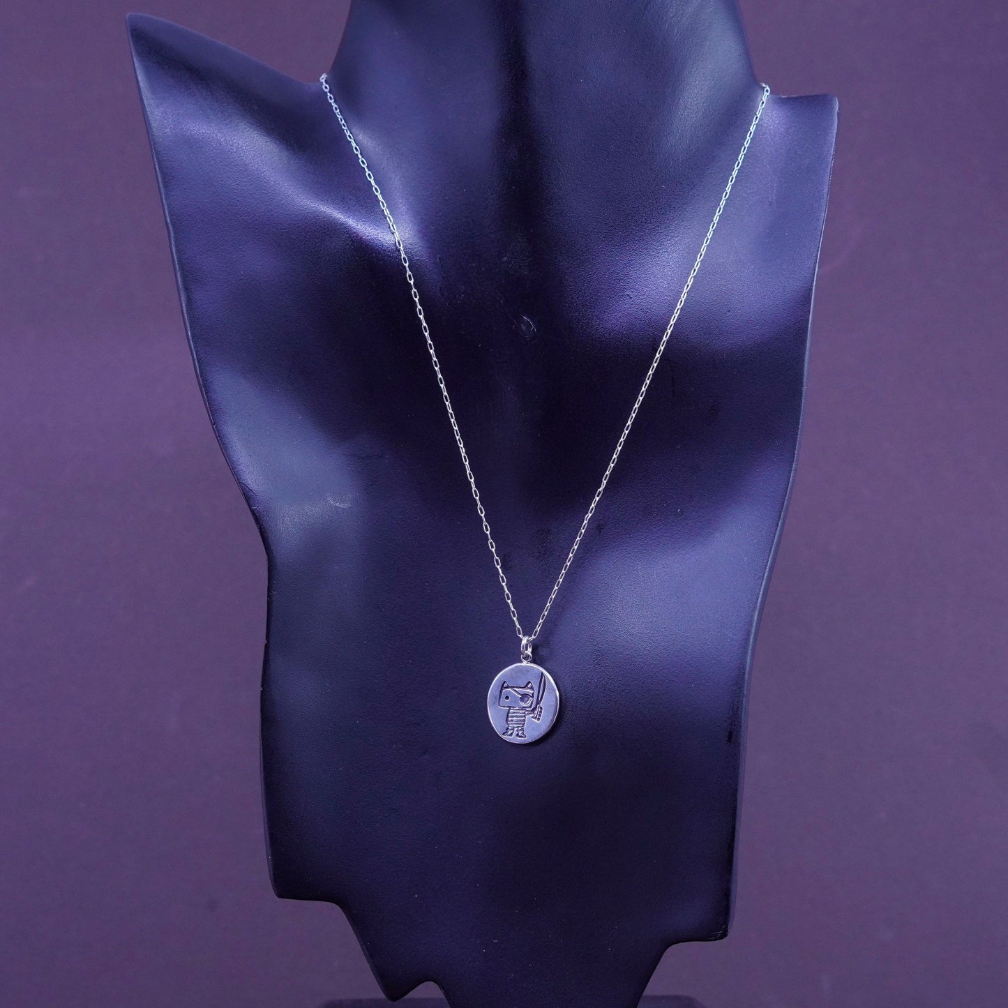16”, Sterling silver necklace, 925 circle chain tag pendant pirate cat stars