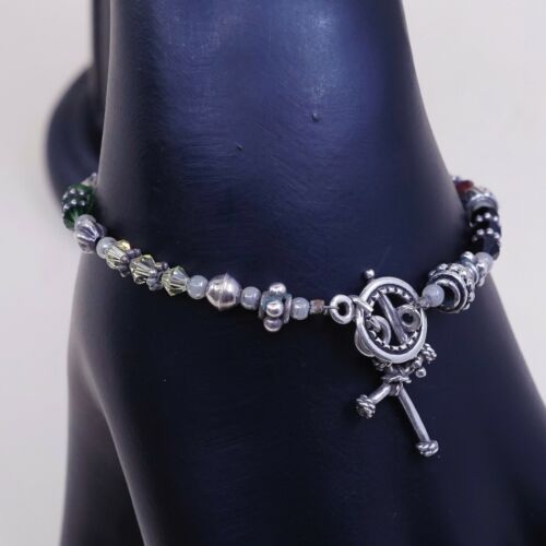6.25”, Vtg Sterling 925 Silver Handmade bracelet W/ Crystal Beads N Cross Charm
