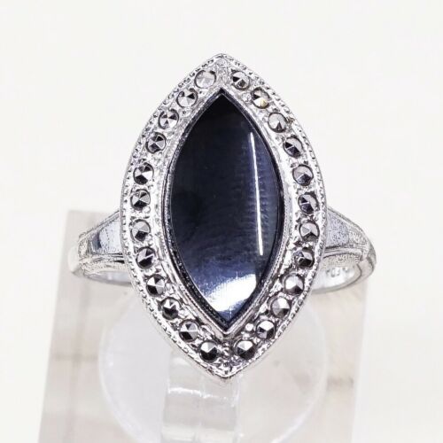 Sz 6.5, Vtg theda Sterling Silver Handmade Ring, 925 Band W Obsidian N marcasite