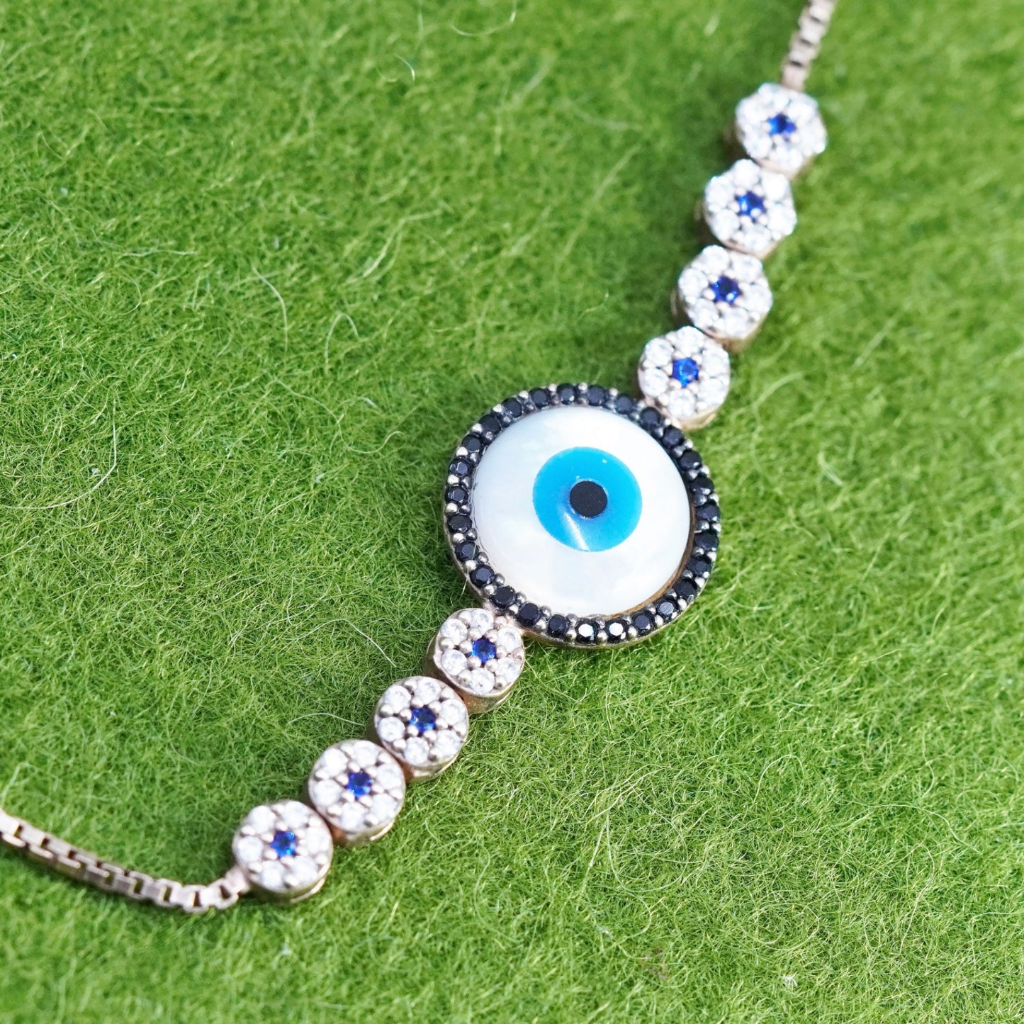 Rose gold sterling silver bracelet, vermeil 925 box chain MOP evil eye charm