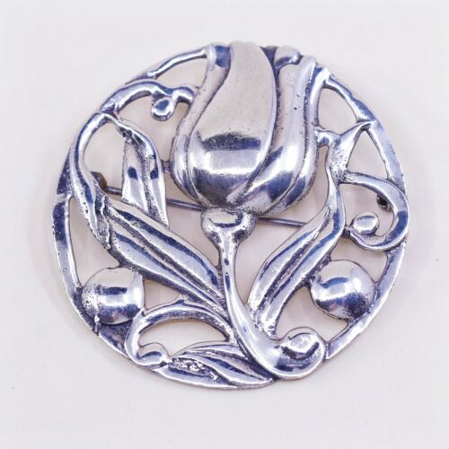 VTG Sterling Silver Handmade Flower Floral Tulip W/ Leaves Brooch Pin