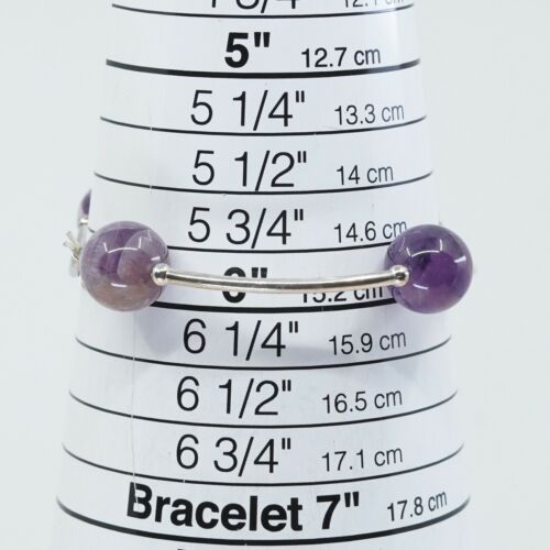 6”, Vtg Sterling 925 Silver Bar Bracelet W/ Amethyst Beads N Elastic Band