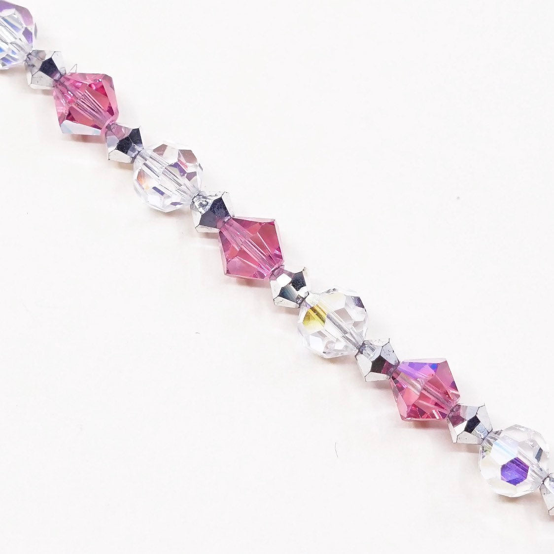 6.5”, VTG Sterling silver handmade bracelet, 925 heart toggle w/ pink crystal