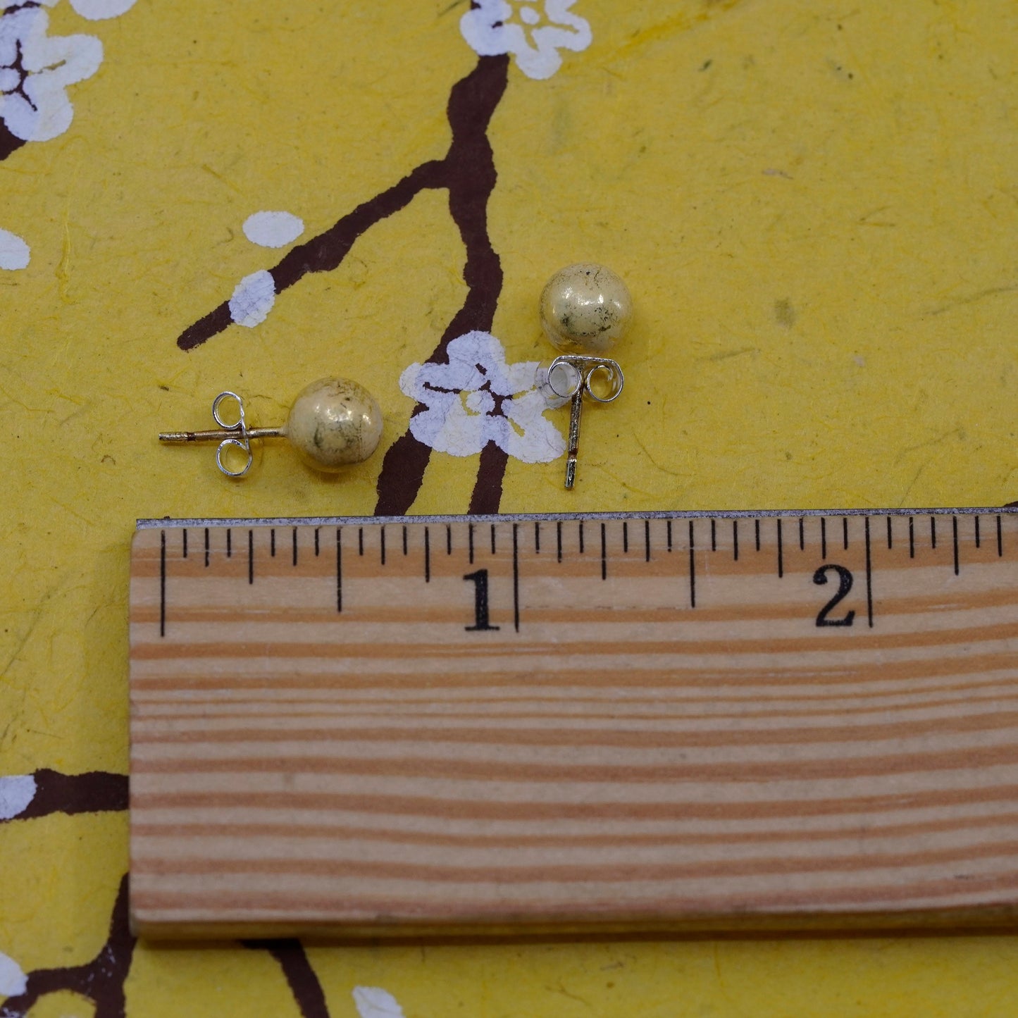 7mm, Vintage vermeil gold over Sterling silver beads studs, 925 earrings