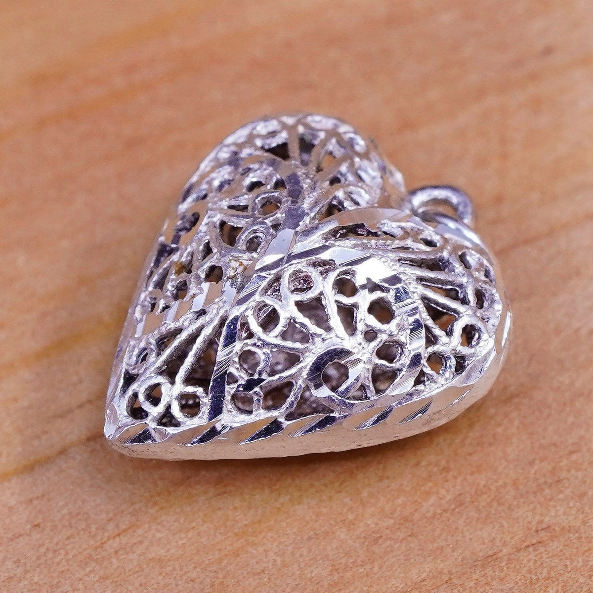 Vintage Sterling silver handmade pendant, 925 filigree puffy heart pendant