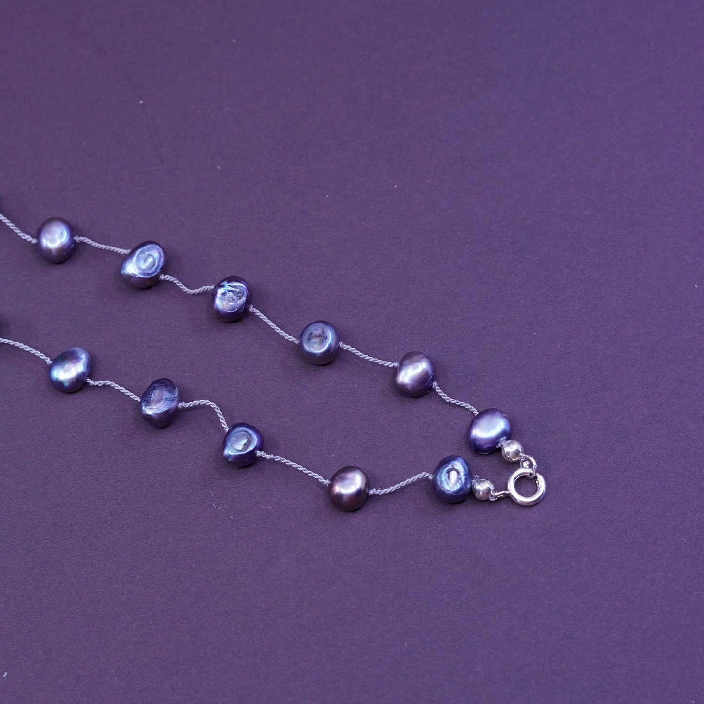 16”, vintage Sterling 925 silver handmade necklace with 7-8mm black pearl beads