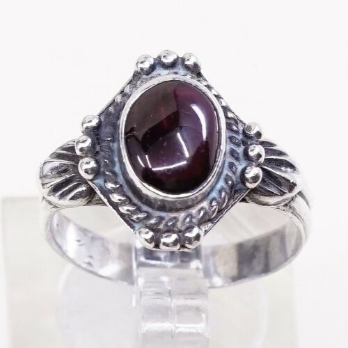 Sz 6, Vtg Sterling Silver Handmade Ring, 925 Band W Garnet N Bali Beads