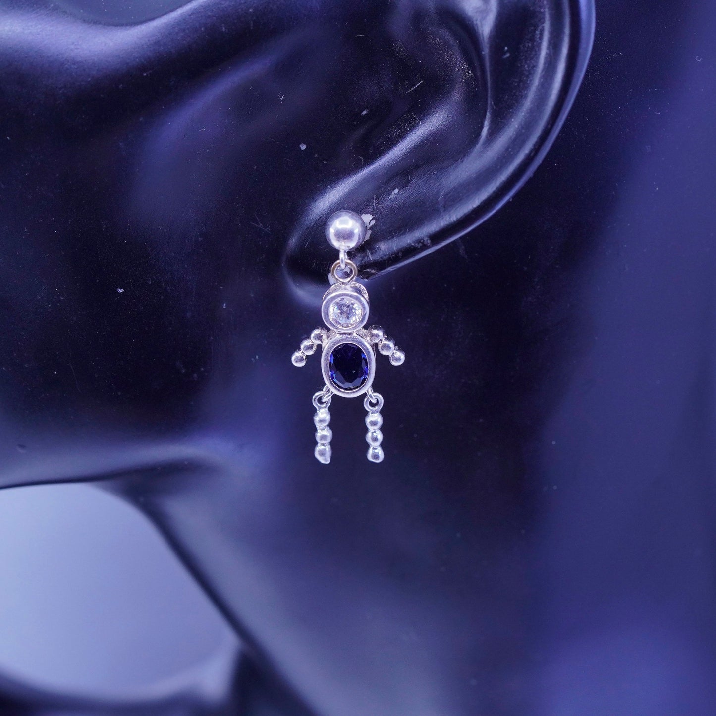 Vintage Sterling 925 silver handmade boy figures earrings with sapphire